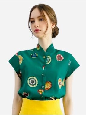 Vintage 100% Silk Hand Sewn Mandarin Blouse Sz S/M